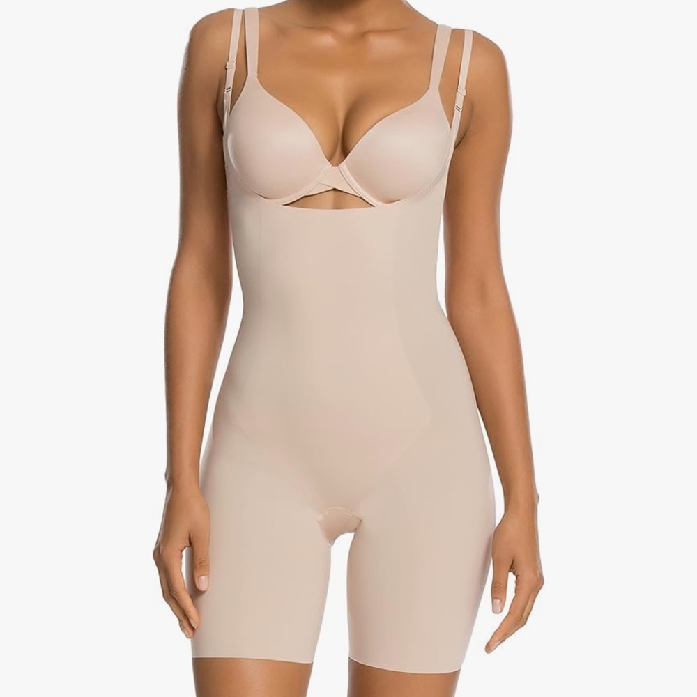 SPANX Thinstincts Open Bust Mid Thigh Bodysuit Shaper 10021R Nude Beige XL